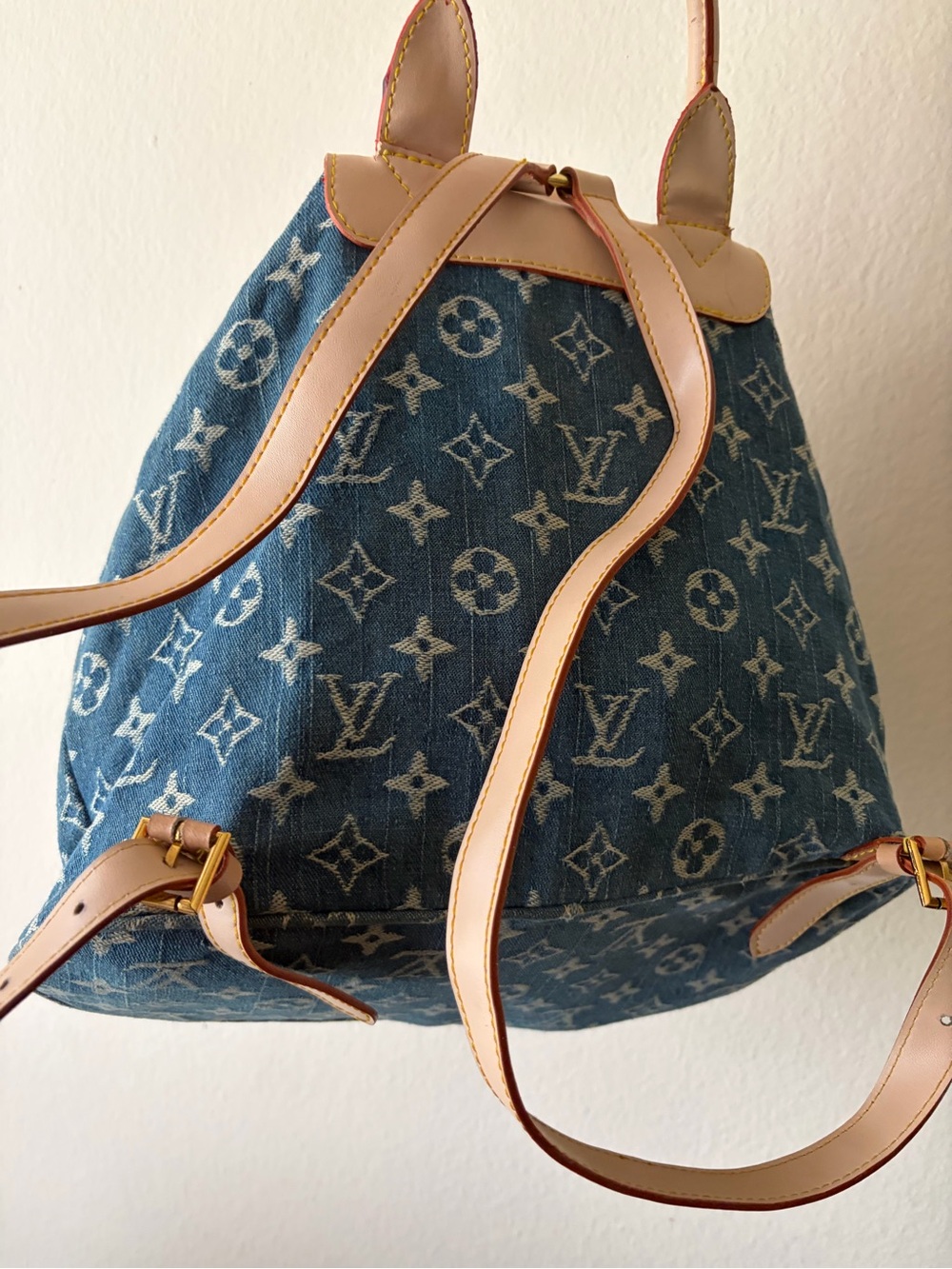 Stylish Fashion Denim Backpack with Tan Leather Trim - Picture 5 of 14